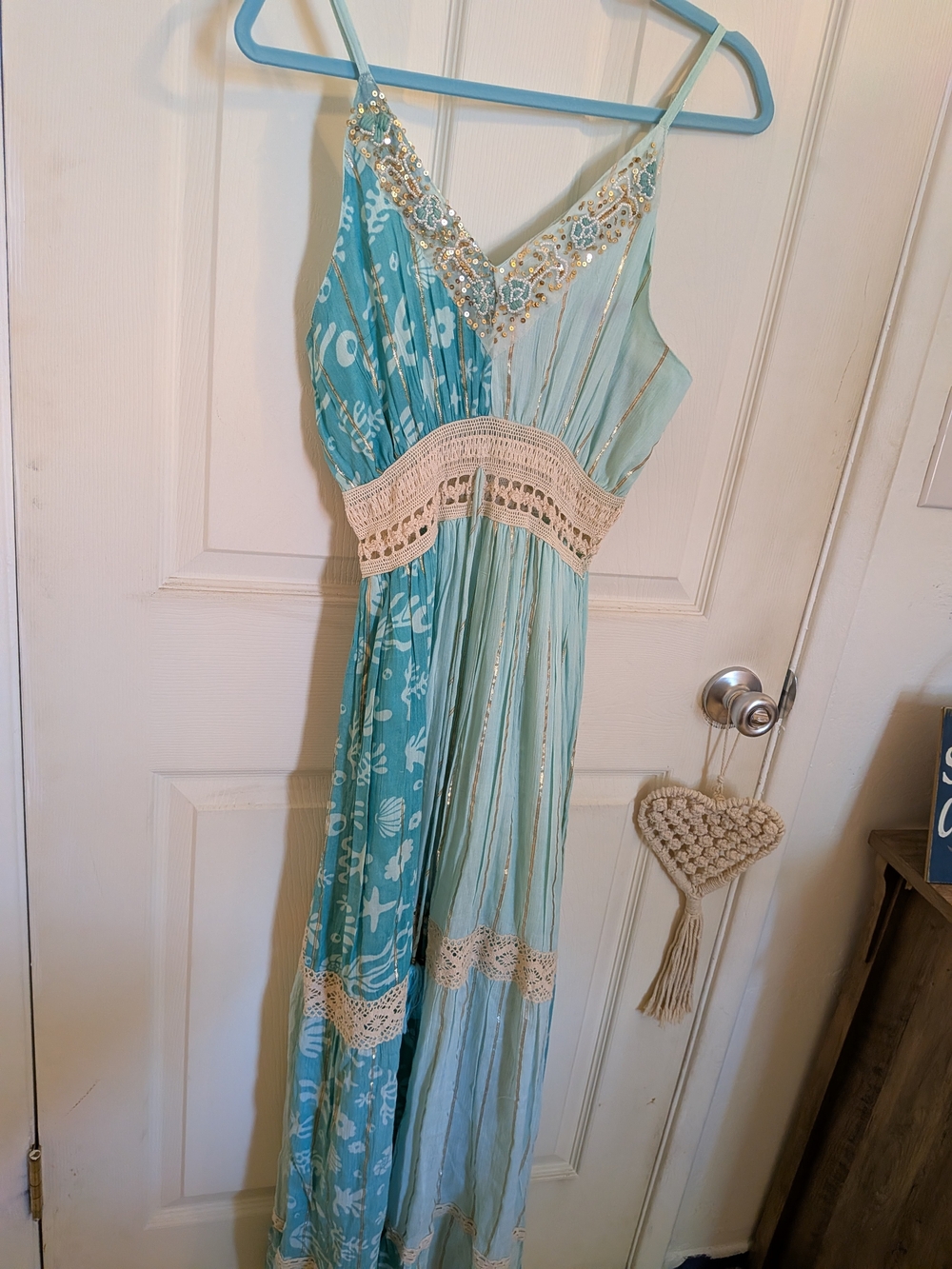 Light Aqua Boho Maxi Dress with Crochet Waist, Ocean Details